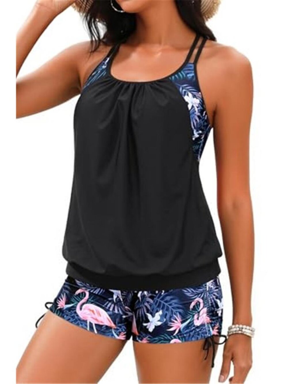 Tankini Two Piece Tummy Control Swimsuit Blouson Tank Top Boy Shorts Black